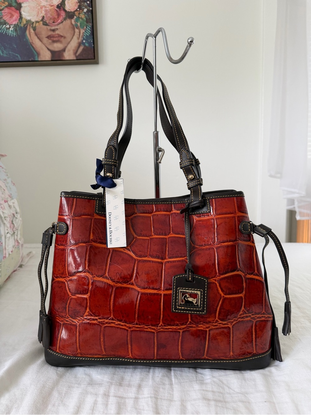 Dooney & Bourke Burnt Orange Croc-Embossed Double Strap Tassel Bag